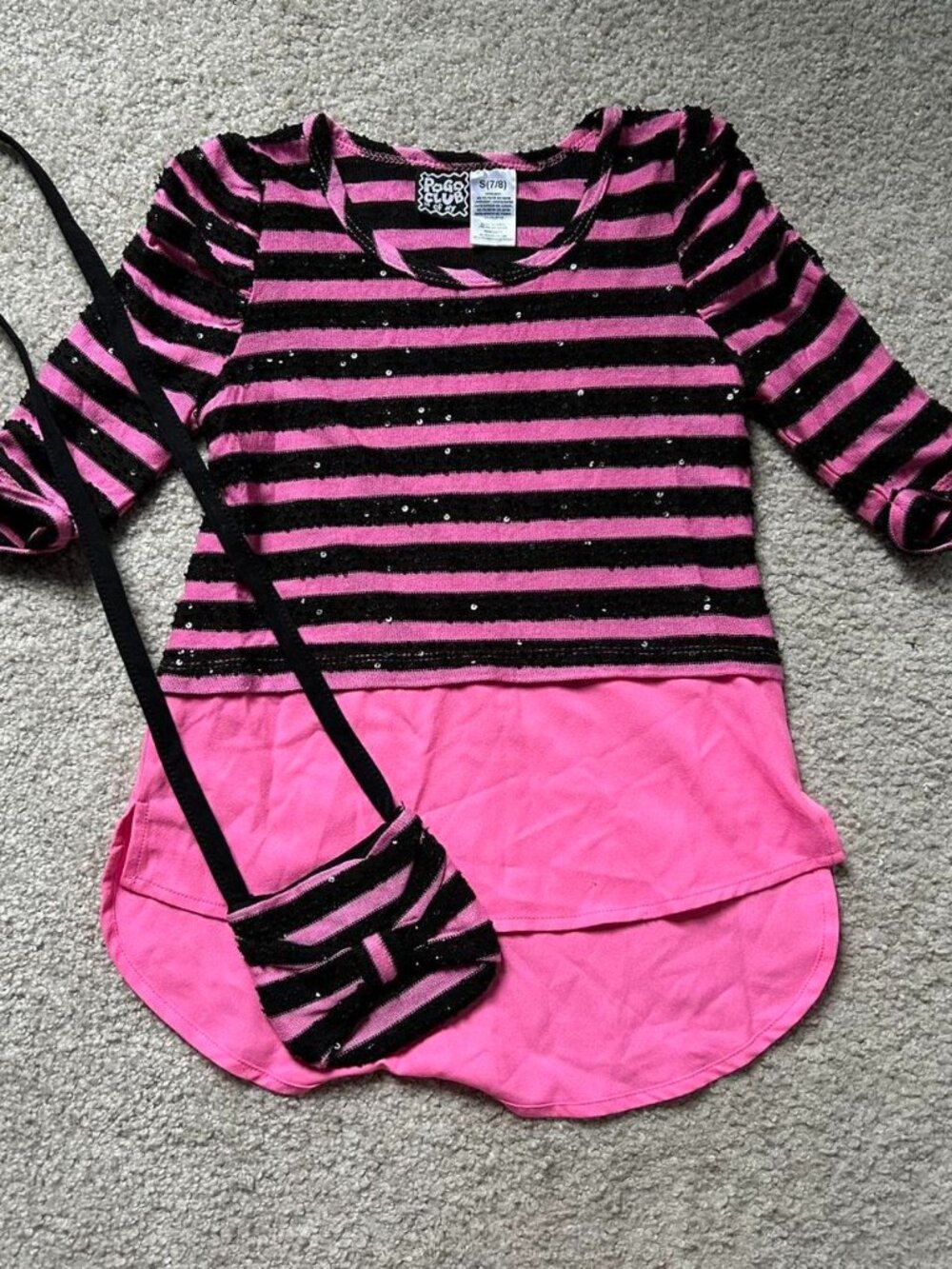 3/4 Sleeve Sequin Striped Pink Top sz 7/8 with Mini Bag